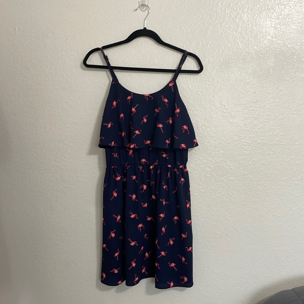 Elle navy blue summer dress with Flamingo print